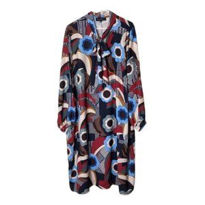 Eloquii Long Sleeve Floral Geometric Print Dress in Blue, Red, Brown, Cream